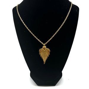 Natural Birch Leaf Pendant Dipped Gold Preserve Veins & Shape Chunky Necklace